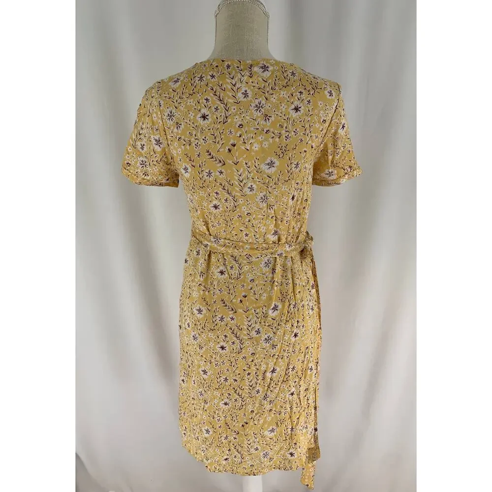 Roxy Floral Short Sleeve Wrap Mini Dress Womens Size Small Yellow New